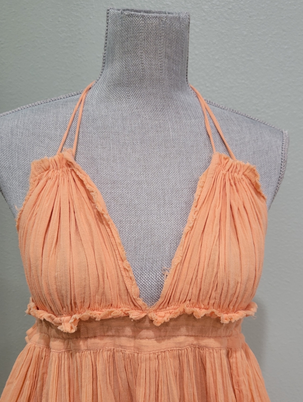 Free People Peach Tiered Cotton Gauze Mini Dress Self-Tie, Adj Waist - Picture 3 of 8